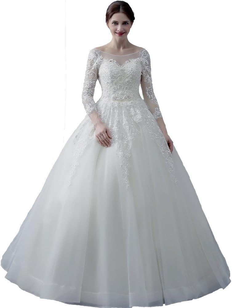 nymph Women's Beading Lace Tulle with 3/5 Sleeve Bridal Dress Wedding Gown White 18