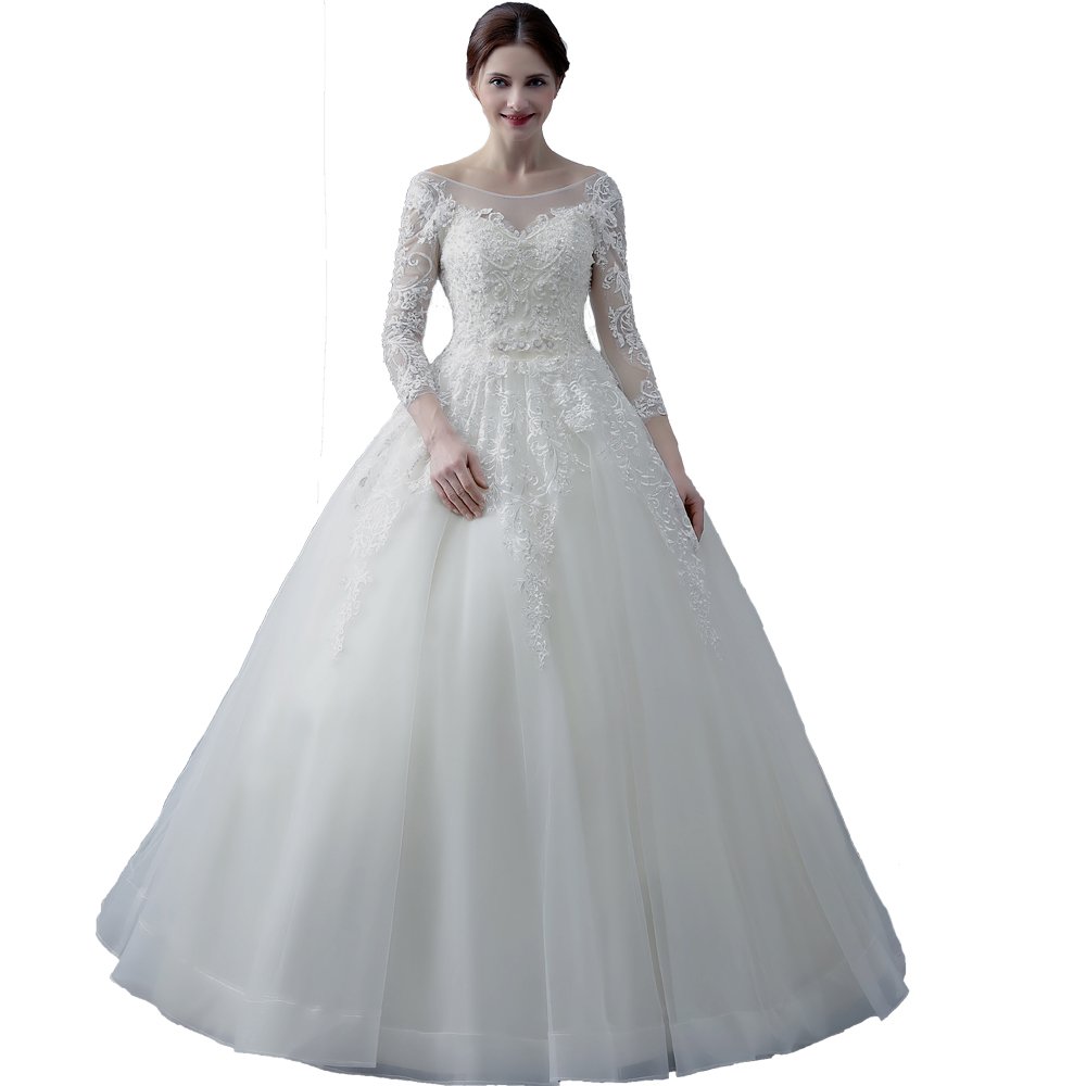 nymph Women's Beading Lace Tulle with 3/5 Sleeve Bridal Dress Wedding Gown White 18