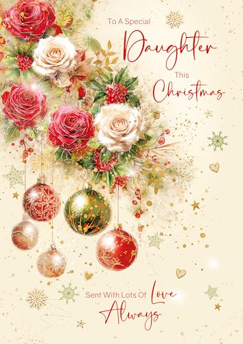 Cherry Orchard | Luxury Christmas card for Daughter | Daughter Christmas card | Luxury Large Red & Green Bauble design | Sentimental Words inside | Foil Finish
