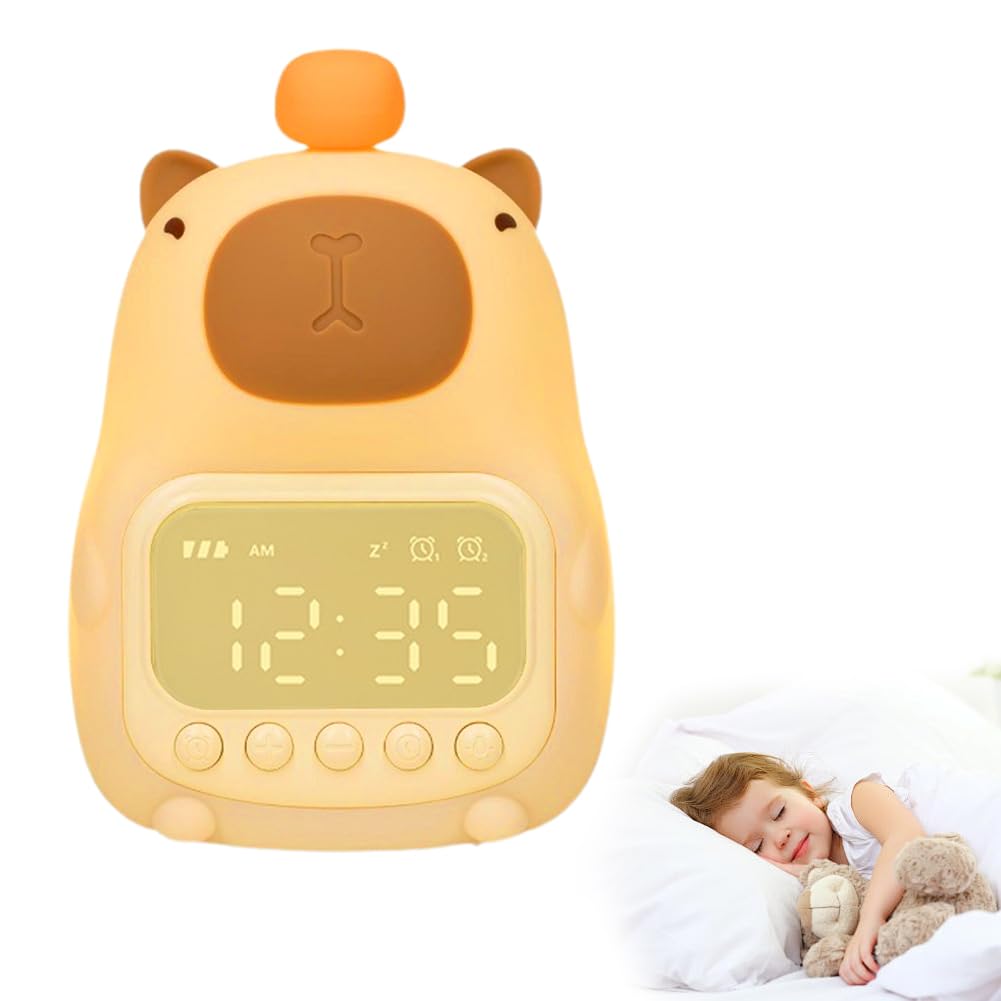 Capybara Luz Nocturna y Despertador Infantil, Silicona Capibara de Mesita de Noche Con Dos Alarmas para Niños
