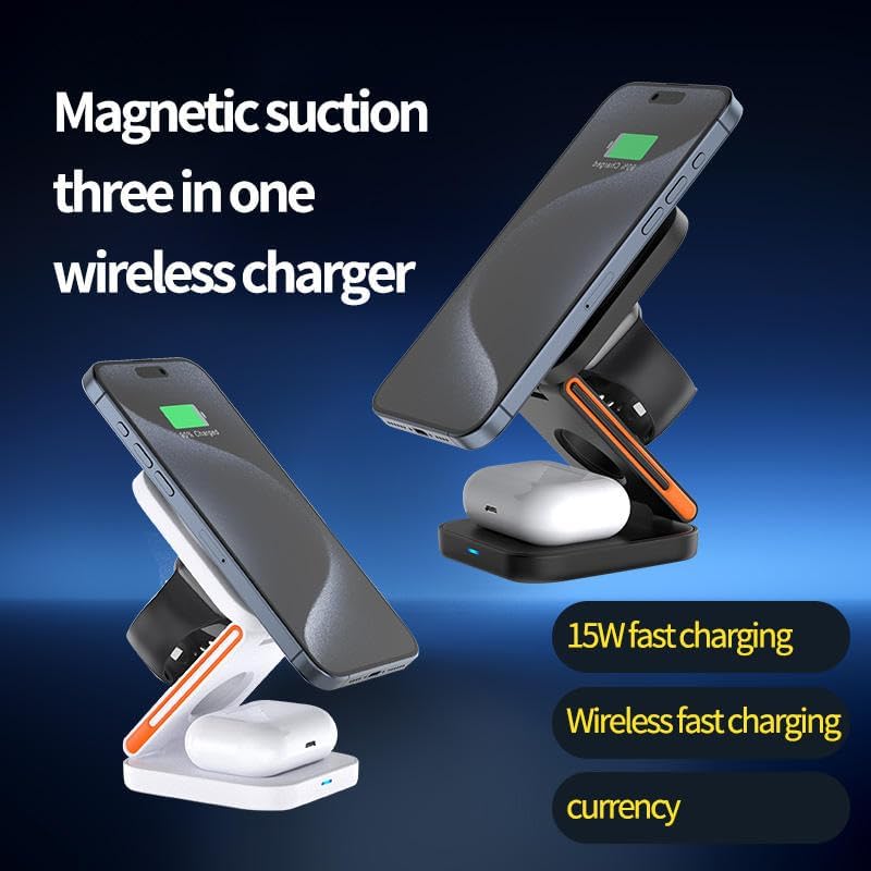 15W Magnetic Charger 3in1 Wireless Charger Compatible for iPhone 17/17 Air/17 Pro/17 Pro Max, 16/16 Plus/16 Pro/16 Pro Max, 15/14/13/12 Series and Smart Watch Fast Charging Adaptor - Black