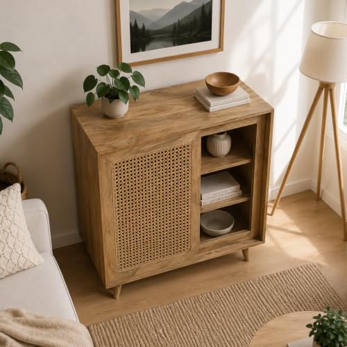 Image of The Attic INES Cabinet, Coffee Table for Living Room, Solid Wood Centre Table with Cane with Sliding Doors, Natural Finish