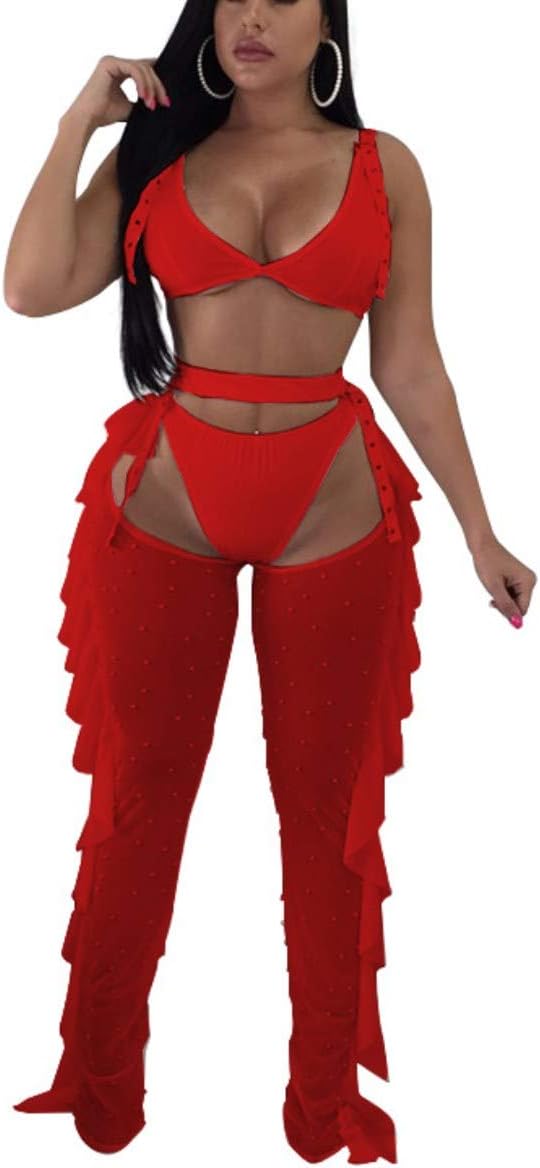Yeshire Women's Sexy 2 Pieces Outfit See Through Crop Top and Pants Sets Mesh Cover Up Backless Jumpsuits Clubwear