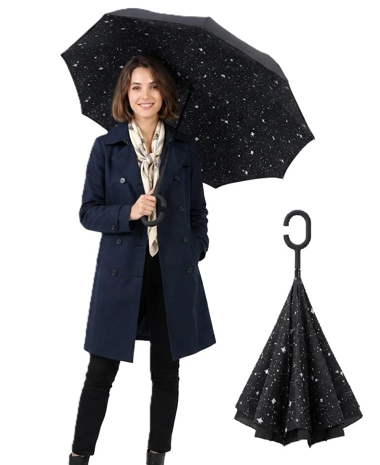 alexvyan 48 Inch Black Star Design Inverted Reverse Upside Down Umbrella, Extra Large Double Canopy Vented Windproof Manual Open Waterproof Summer UV and Rain Umbrellas with C-shape Handle-picture-44