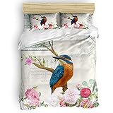 PartyShow 4 Piece Bed Sets Full, Vintage Spring Flower Kingfisher Bedroom Comforters Cover Bed Sheet