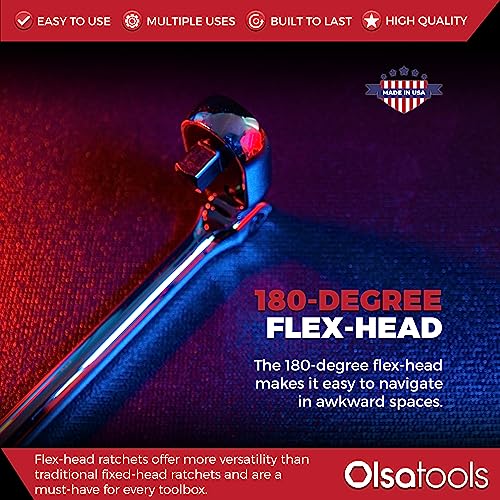Olsa Tools Flex Head Stubby Ratchet 1312 | 1/2" Drive, 12" Long | Made In Usa | 180 Degree Flex Head Ratchet | 90 Tooth Socket Wrench | Chromium Molybdenum Steel | Tools For Professional Mechanics #TOP1