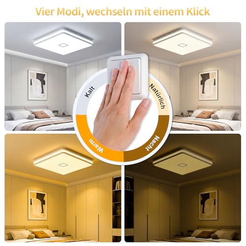 Deckenlampe, 24W LED Deckenleuchte Dimmbar mit APP, 3000-5000K Warmweiß/Naturweiß/Kaltweiß Modern lampe eckig mit Nachtlicht, Badezimmer Lampe decke für Bad Wohnzimmer Küche Flur Schlafzimmer, 32CM