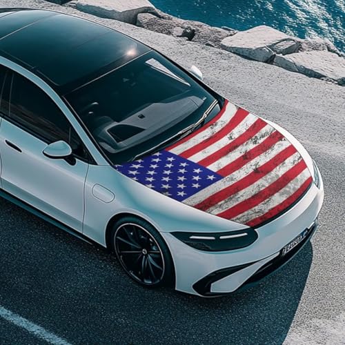 Image of 4th of July American Flag Car Hood Cover Polyester Elastic Fabrics Washable Suitable for Large SUV and Pickup Trucks 39x59in