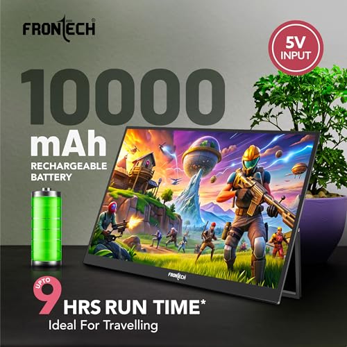 Image of FRONTECH 15.6″ Portable LED Monitor, Full HD IPS Display, 10000mAh Rechargeable Battery, Dual Type-C & Mini HDMI, Built-in Speakers, 180 Stand, Works with Laptop /PS5 /Switch /Phone (MON-0023P)