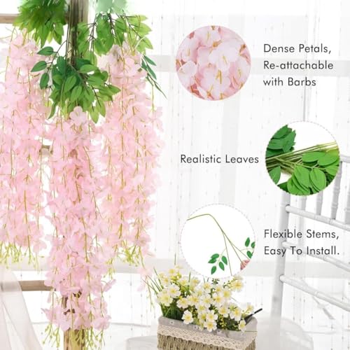Image of SATYAM KRAFT 6 Pcs (43.2 inch) Artificial Wisteria Vine Garland | Long Silk Hanging Flowers String for Wedding Decoration Items, Shaadi Mandap, Christmas Party, Festival Event & Home Decor (Peach)