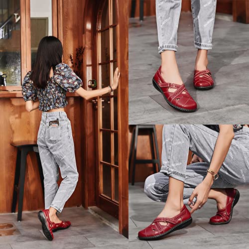 Irrefour Women's Classic Red Genuine Leather Casual Loafer Cute Slip-On Fashion Closed Toe Flat Sandal Comfy Work Sandal Everyday Walking Shoe 1607-Hon060 #TOP5