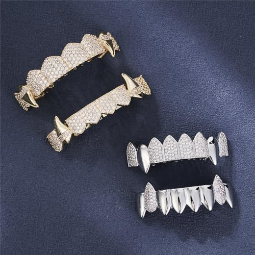 Grillz street Hip Hop personality Gold Shiny Copper gold-plated teeth Grillz Vampire fangs Grills Daily wear Halloween and Party Unisex - Comes With Tweezer & Dental Wax (8002Silver)2