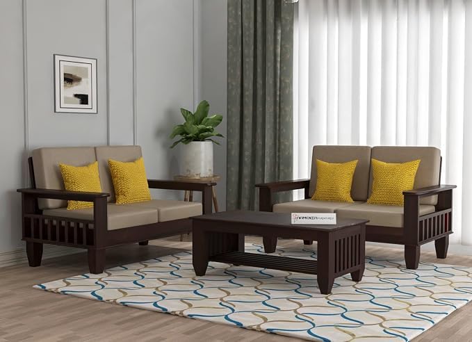 Image of Sheesham Wooden 4 Seater Sofa for Living Room | Rosewood 4 Seater Cushion Sofa with Side Newspaper Holder for Home & Office | Solid Wood Sofa Set for Lounge (Walnut,2+2 Seater)