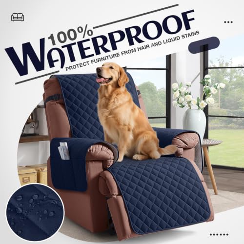 Image of KinCam 100% Waterproof Recliner Chair Cover, Reclining Couch Covers for Pets, Dogs, Recliner Couch Slipcover Furniture Protector with Elastic Straps for Kids(30 inch, Dark Blue)