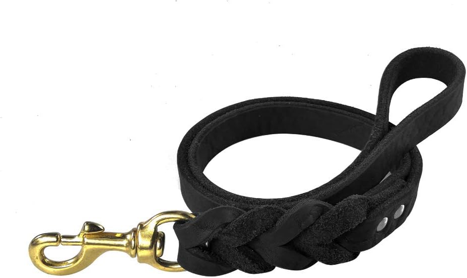 JUPUDA Short Leather Dog Leash Black,24 x 4/5 inch,Heavy Duty Braided Leather Dog Leash for Large Extra Large Dogs Walking Training