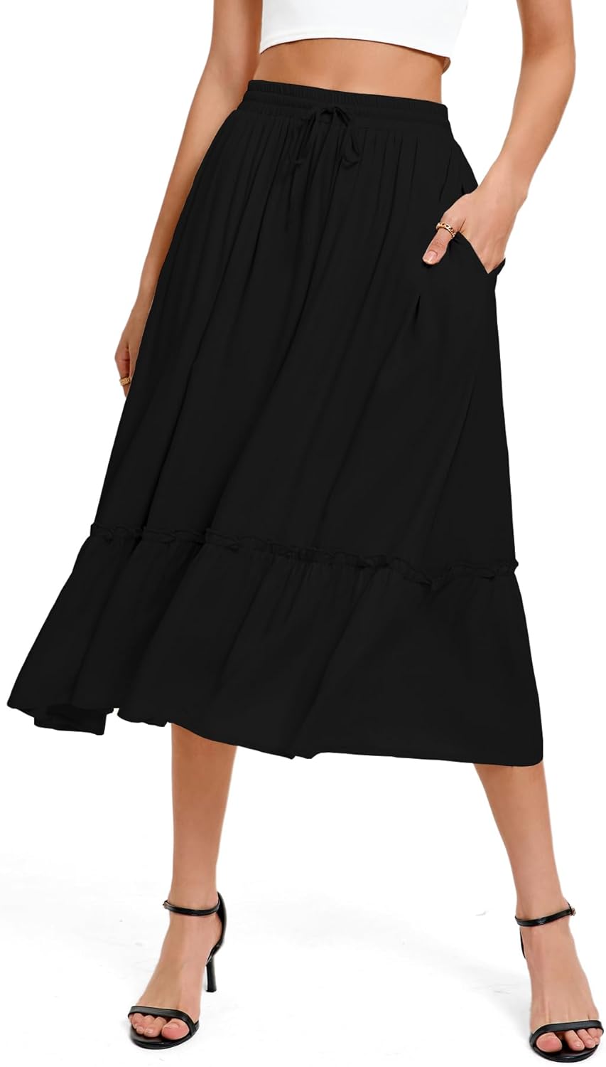 Urban CoCo Women's Elastic Waist Flowy A-Line Midi Long Skirt Below Knee with Pockets - Image 4