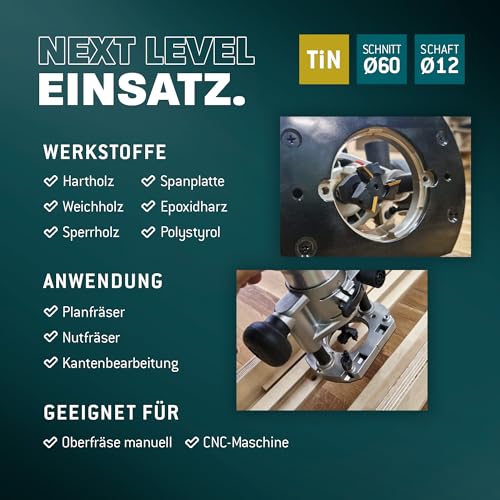 Bayerwald NeoTwister Planfräser für Oberfräse f. Holz - SchnittØ 60 mm/SchaftØ 12 mm - Planfräsen/Nutfräsen/Kantenfräsen - tauschbare TiN-besch. Messer - Profiwerkzeug, präzise&langlebig