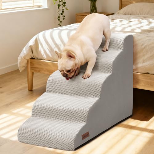 Image of Aodisman Dog Stairs for High Beds,5 Step Pet Ramp for Dogs and Cats,22.4 inch H | High-density foam dog steps for beds and window sills, with a non-slip bottom for puppy and older cat,comfortable,Light Grey