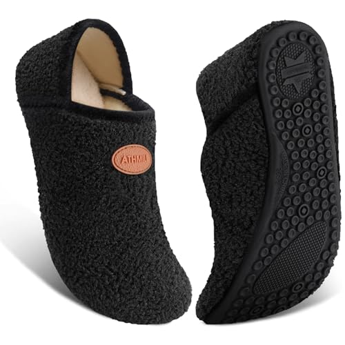 Image of ATHMILE House Slippers for Women Men Microfiber Barefoot Shoes Slip On Slipper Socks Indoor Non Slip Foldable Lightweight for Travel Yoga Home Dark Black