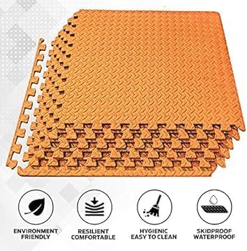 GSQUARE Fitness Puzzle Mat, Gym Floor Mat, Exercise Mat, EVA Foam Interlocking Tiles, Protective Flooring for Gym Equipment and Workouts, 12mm Extra Thick (Orange, 4pcs - 16 Square Feet) 2