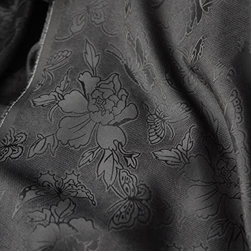 TINGCHAO Brokat mischte Jacquard durch Lochgewebe einfache Maulbeer-Seide Satin Reine Farbe Elegante Schmetterling Pfingstrose Blume Muster Tuch für Cheongsam Kleider 114x50cm,Schwarz Cover