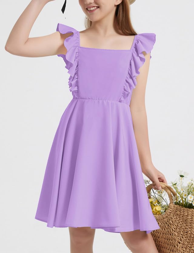 Mebius Girls Bow Back Square Neck Ruffle Sleeve Preppy Dress Tween Cute School Dance A Line Dresses 8-14Y2