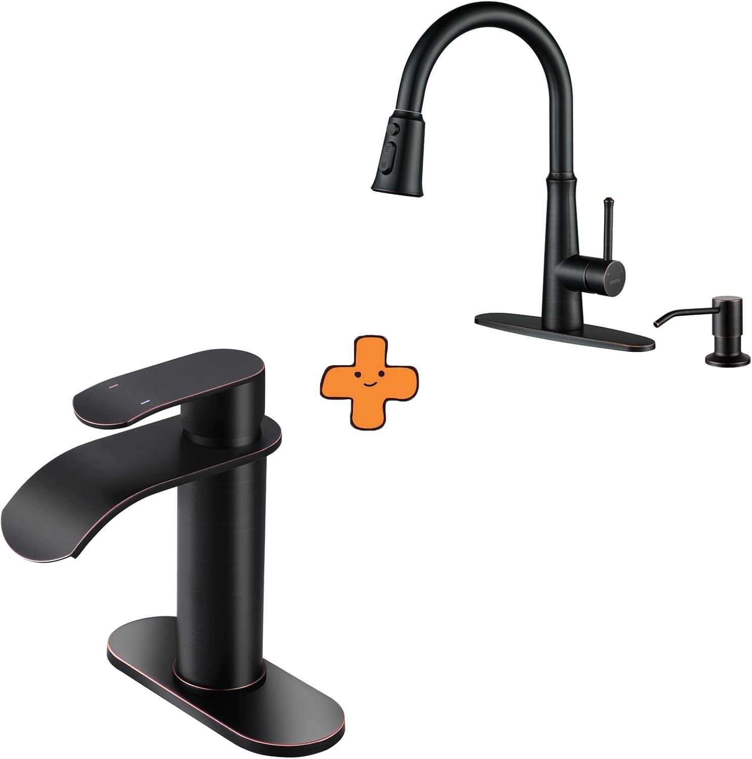 WOWOW Waterfall Bathroom Faucet,Oiled Rubbed Bronze Bathroom Sink Faucet and Kitchen Faucet with Sprayer,Oiled Rubbed Bronze Single Handle High Arc Stainless Steel Kitchen Faucet