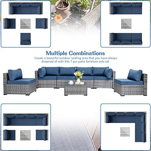 Shintenchi 7 Pieces Outdoor Patio Sectional Sofa Couch, Silver Wicker Furniture Conversation Sets With Washable Cushions & Glass Coffee Table For Garden, Poolside, Backyard (Aegean Blue) #TOP6