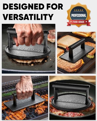 HULISEN Pre-Seasoned Cast Iron Burger Press, Heavy Duty Burger Smasher for Griddle with Heat Resistant Handle, Grill Press for Hamburger, Bacon, Meat, Steak, Patty, Sandwich, Barbecue Grilling Tool - Image 7