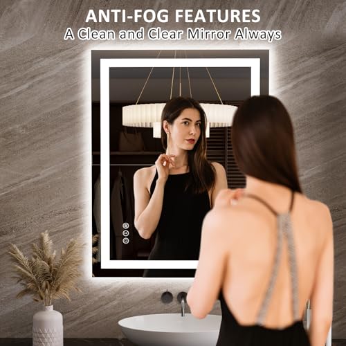 LOAAO 27.6"x35.4" LED Mirror for Bathroom, Lighted Bathroom Mirror with Lights, Anti-Fog, Dimmable, Memory Function, Easy to Install, Clear Reflection
