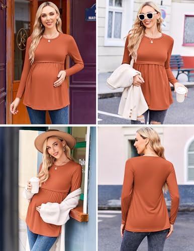 Ekouaer Maternity Shirts 3 Packs Pleated Long Sleeve Tops Tunic Casual Pregnancy Clothes Caramel/Dark Red/Dark Grey S — view 3