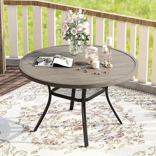 Image of VICLLAX 47.2 inch Outdoor Round Patio Table for Lawn Garden, All Weather Metal Round Outdoor Dining Table with Adjustable Umbrella Hole, 6 Person Patio Table, Grey Wood-Like Tabletop