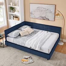 RuiSiSi Queen Size Upholstered Daybed, Queen Corner Bed with L Shaped Headboard, Velvet Day Bed Frame for Living Room Guest Room, Reversible Left or Right, Blue