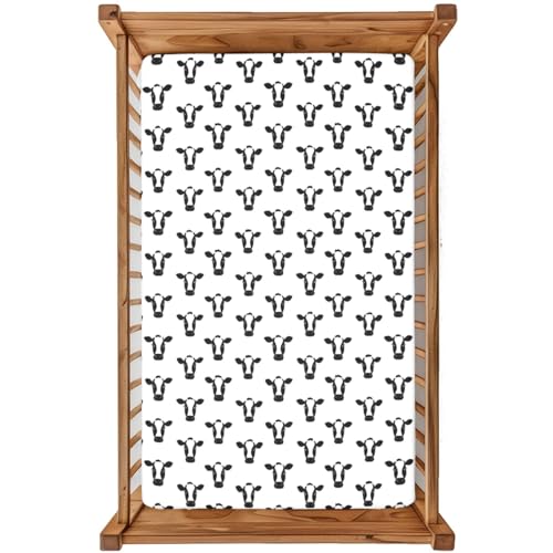Image of Cute Cow Theme Fitted Mini Crib Sheets,24"x 38" Baby Bedding with Soft Fabric - Breathable Material for Nursery Decor - Durable and Machine Washable,Cow Decorative Pattern &Black White
