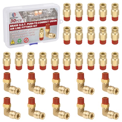 Boeray 1/4 Quick Push to Connect Fittings Brass Male Straight and Elbow Combination DOT Approved 1/4 Tube OD x 1/8 NPT Thread Air Brake Line Adapter Air Suspension Kit Air Hose Repair Kit 30pcs