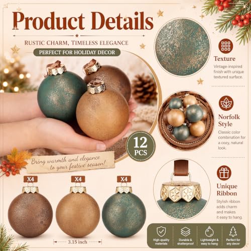 Yunlly 12 Pcs Neutral Christmas Ornament, Brown Copper Sage Green, 3.15'' by Yunlly - Used condition - Image 3