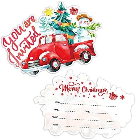 Christmas Party Invitation Cards，15 Sheets Christmas Vintage Red Truck with Tree snowman Invitation Cards with with 15 Envelopes，Christmas Party Supplies，Christmas Shaped Fill-In Invitations