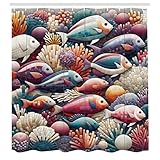 ABAKUHAUS Fisch Duschvorhang, Mosaik Design mit Korallen & Unterwasserlebewesen Moderne Multicolor Optik, Stoffliches Gewebe Badezimmerdekorationsset mit Haken, 175 x 200 cm, Pflaume Orange Türkis