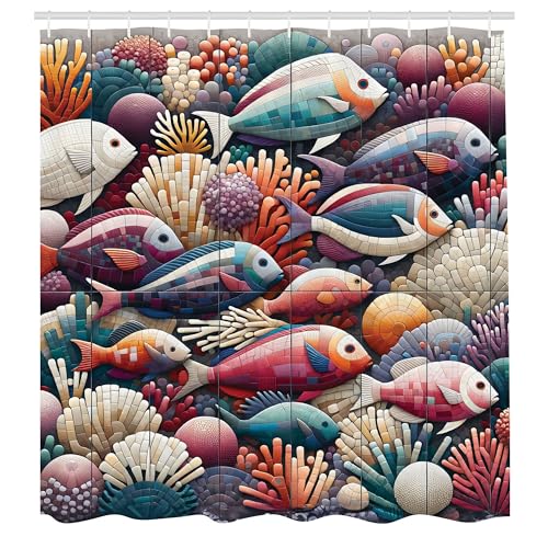 ABAKUHAUS Fisch Duschvorhang, Mosaik Design mit Korallen & Unterwasserlebewesen Moderne Multicolor Optik, Stoffliches Gewebe Badezimmerdekorationsset mit Haken, 175 x 200 cm, Pflaume Orange Türkis