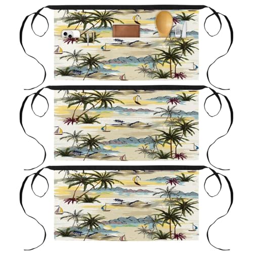 Tablier court de chef à 3 poches : lot de 3 demi-tabliers à motifs pour cuisine et bistrot