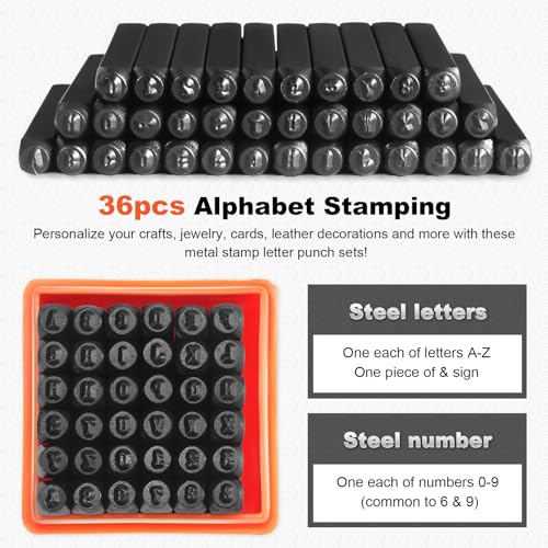 Gueenky 36 Stück Schlagzahlen Set, 2mm Schlagbuchstaben Set, Alphabet A-Z Nummer 0-9, Schlagbuchstaben Metall, Schlagstempel Zahlen zum Stempeln von Metall Kunststoff Holz Leder
