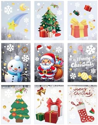 Indoor Christmas Decorations, 9PCs DIY Easy to Use Double-Sided Window Stickers Cute Christmas Ornaments for Glass Doors Mall Windows Showcases Kids Teens Fun Home Outdoor Party Holiday (Clear)