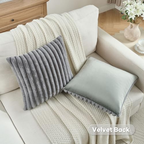 FUTEI Grey Striped Decorative Throw Pillow Covers 16x16 Inch Set of 2,Square Fall Decorations Couch Pillow Case,Soft Cozy Faux Rabbit Fur & Velvet Back,Modern Home Decor for Bed