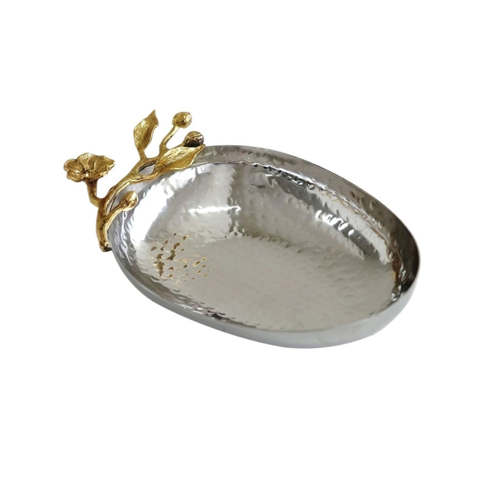 guiling-1986 Jewelry Organizer Hammered Metal Jewelry Dish with Brass Flower Handle Jewelry Display(Small)