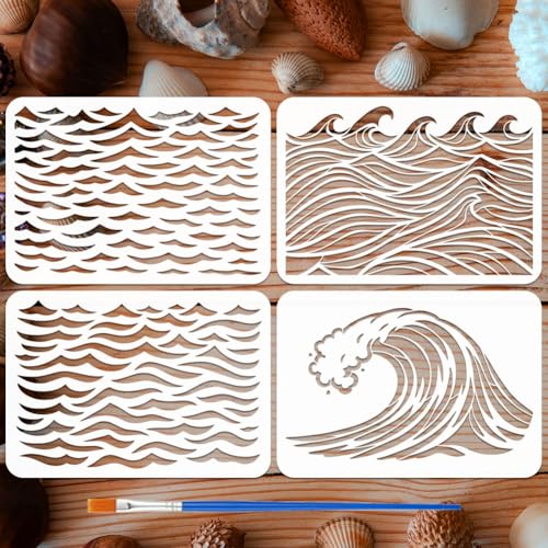 FINGERINSPIRE 4PCS Waves Stencils with Brush 8.3x11.7inch Sea Wave Stencils Ocean Waves Stencil Thickened PET Plastic Stencil Ocean Theme Template for Painting on Wood Wall Furniture