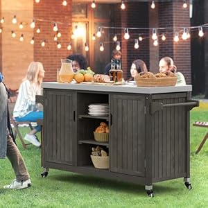 YITAHOME Outdoor Grill Cart and Storage Cabinet with Stainless Steel Table Top and Spice Rack, 59.64'' x 23.62'' Solid Wood Kitchen Island Bar Table Movable Coffee Cart with Lockable Wheels, Brown YITAHOME Outdoor Grill Cart and Storage Cabinet with Stainless Steel Table Top and Spice Rack 5964 x 2362 Solid Wood Kitchen Island Bar Table Movable Coffee Cart with Lockable Wheels Brown