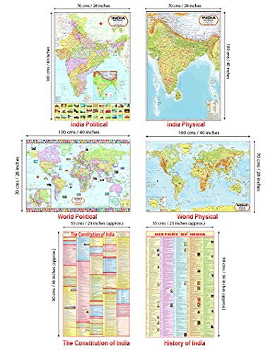 Image of India & World Map ( Both Political & Physical ) with Constitution of India and History of India Chart | LAMINATED SET OF 6 Maps & Charts | Useful for UPSC, SSC, IES and other competitive exams