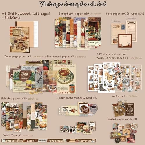 Image of The AutoStory Theme Scrapbooking Album A6 Junk Journal Pack Cafe Decals Vintage Decorative Papers Washi Rolls Creative Writing Diary Supplies Gift for Teens Girls Art (Coffee Bazaar, Brown)