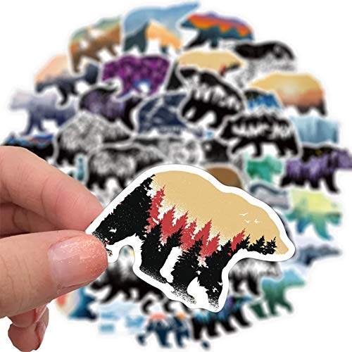 Grizzly Bear Stickers with Mountaintop Landscapes| 50 Pcs Bear Waterproof Vinyl Stickers for Water Bottles Bicycle Laptop Refrigerator Luggage Computer Mobile Phone Skateboard Bike Decals