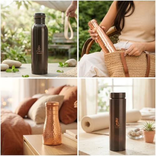 Image of Hammered Copper Bedside Pot | Pure Copper Water Vessel (Bedside Double) | Handcrafted Hammered, Copper Carafe with Lid, Ayurvedic Copper Vessel, Premium Gift Set